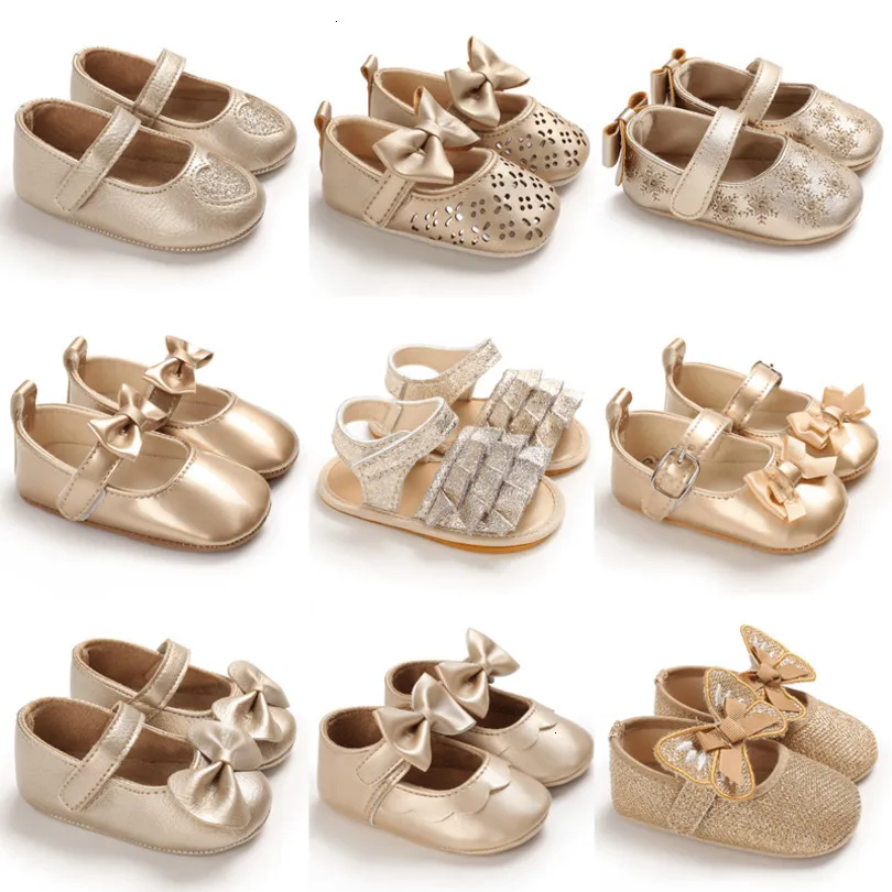First Walkers Golden born Baby Baptism Walking Shoes Elegant And Gold Princess Comfortable Soft Soles Nonslip 221125