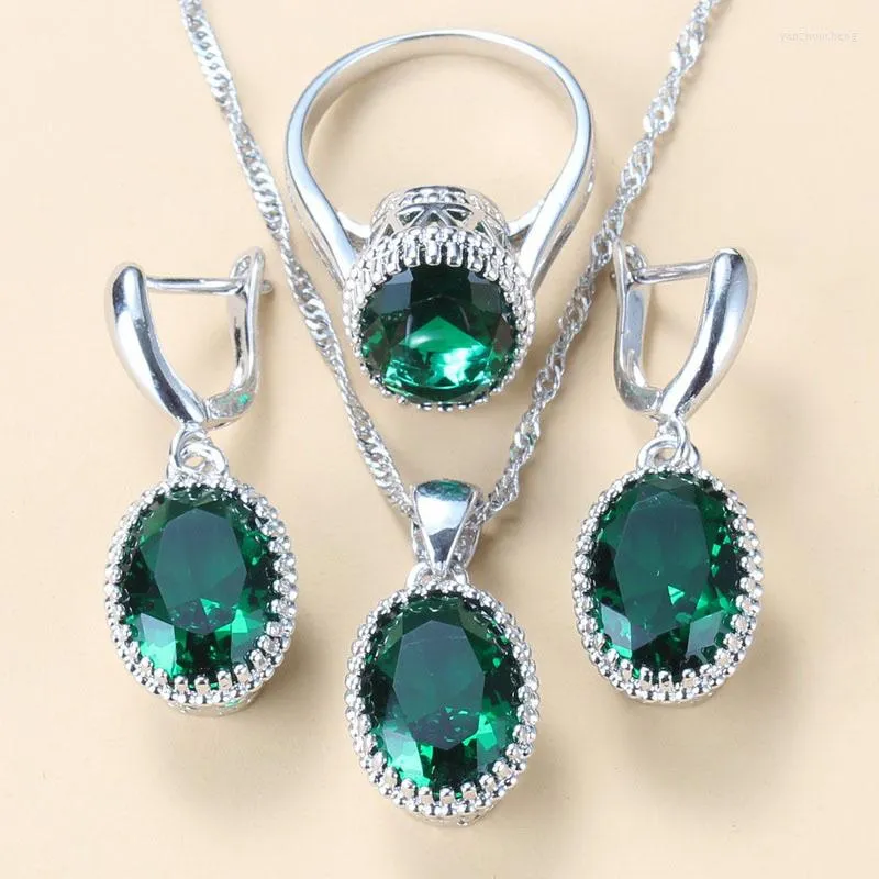 Necklace Earrings Set Wholesale Price 8-Colors Silver Color Women Bridal Green Stone CZ Dangle/Earrings/Necklace And Ring Sets