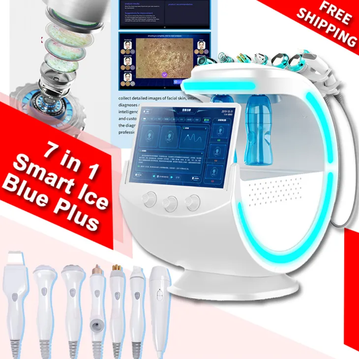 Smart Ice Blue avec système de diagnostic de la peau Multifonctionnel 7 en 1 Hydro Dermabrasion Oxygène Analyse de la peau du visage et machine de blanchiment