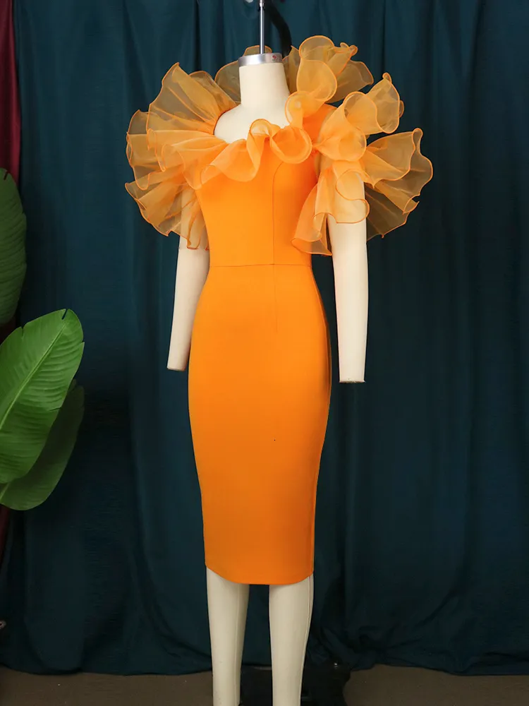 Womens Party Dresses | Orange Puff Ruffle Smocked Tulle Neck Midi