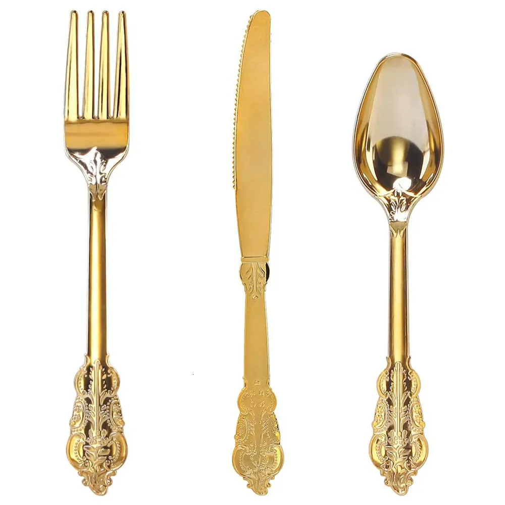 Одноразовая посуда 30 ПК на столовую посуду Золотая пластиковая серебряная посуда ножа и ложки Set Set Swed Party 221128