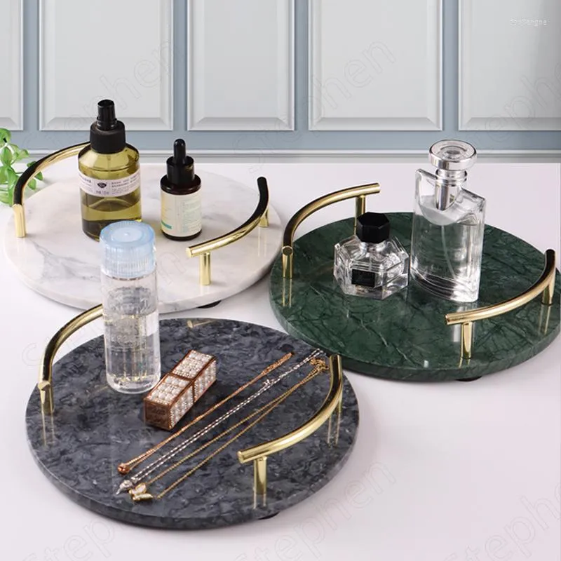 Plates Natural Marble Tray Light Luxury Round Display Plate Gold Handle Jewelry Cosmetics Storage Bathroom Decoration