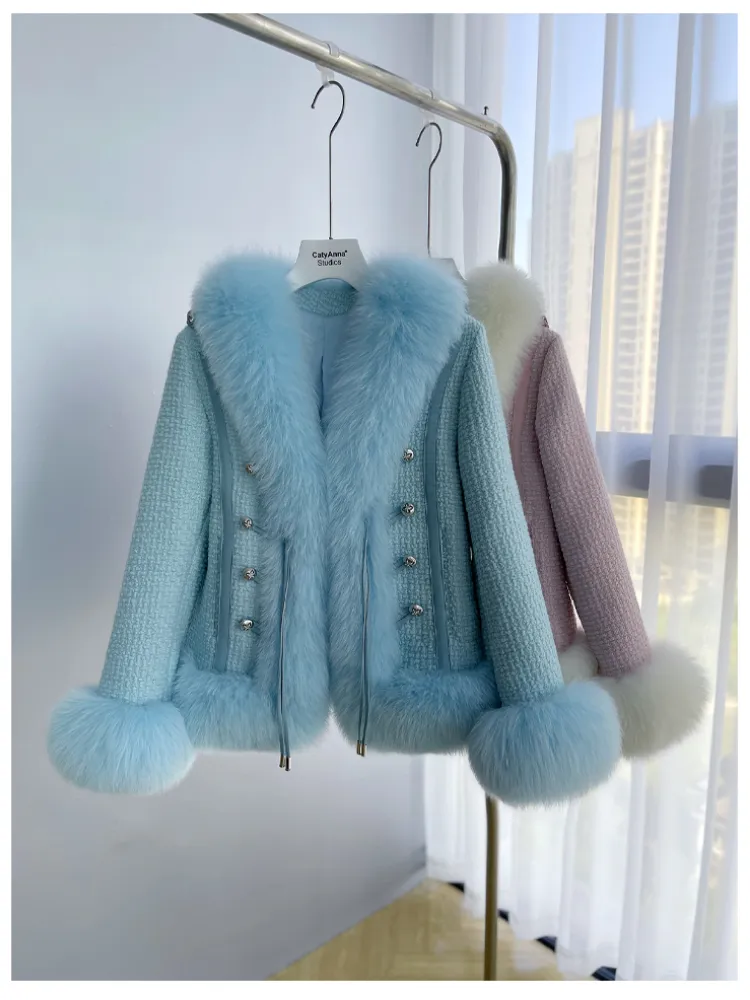 OFTBUY 2022 New V-neck Real Fur Coat Winter Jacket Women Natural Fox Fur Weave Knit Buttons Blended Casual Thick Warm Tweed