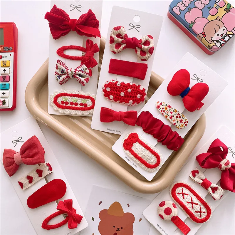 Set Of 4 Red Knitted Hair Pins With Fabric Bow For Girls Perfect