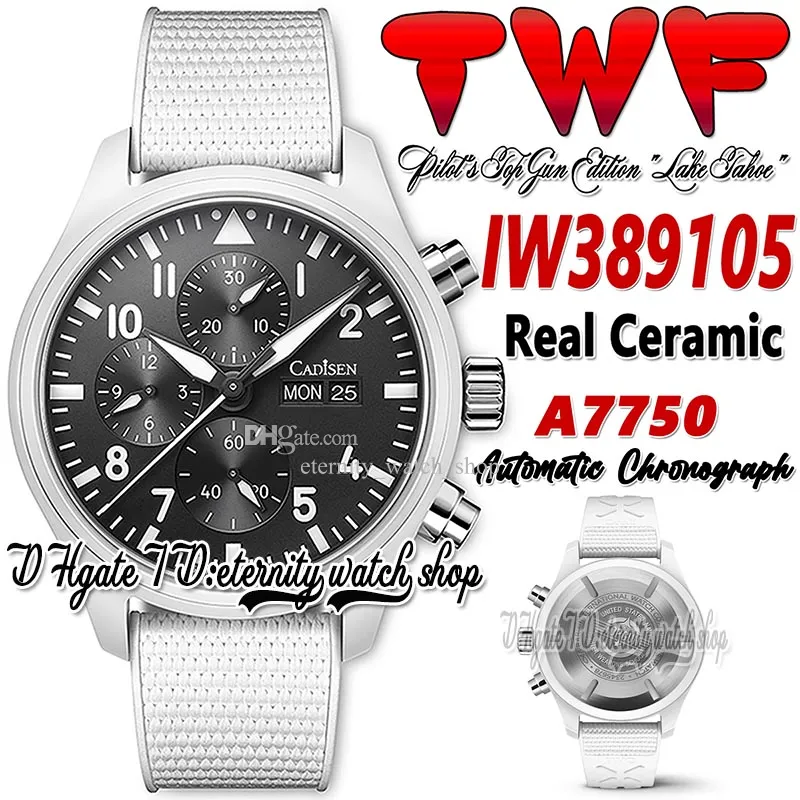 tw389105 Montre chronographe automatique en céramique blanche A7750 pour hommes TWF Lake Tahoe Woodland Cadran noir Date du jour Bracelet en caoutchouc blanc Gun 2022 Super Edition Montres d'éternité