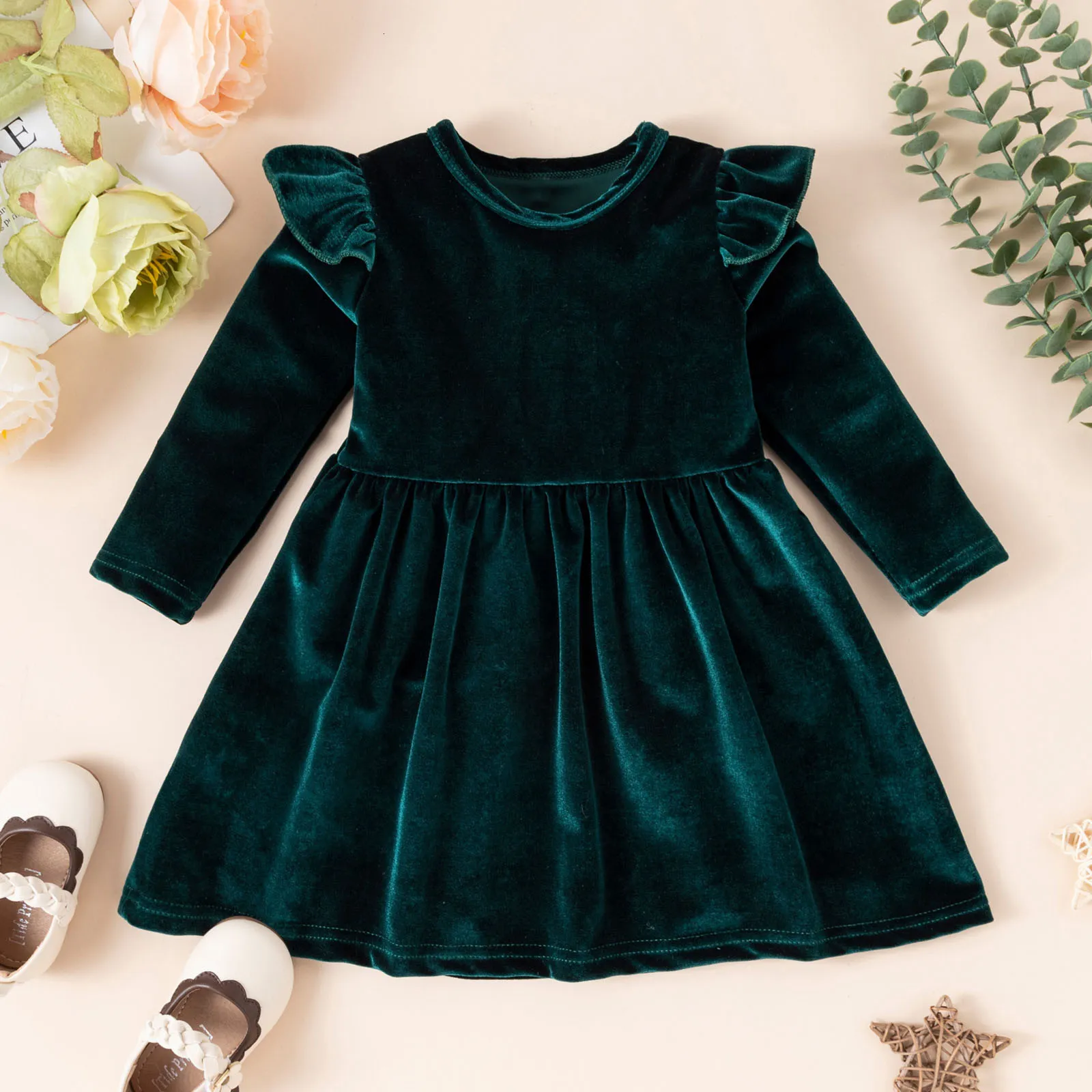 Girl's Dresses 15 Years Toddler Girls Autumn Long Sleeve Party Solid Color Princess Winter Velvet Clothes For 221125