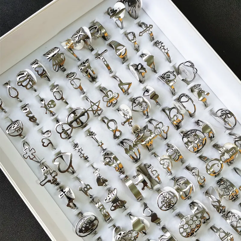 Band 50PCS Großhandel Bulk Lot Edelstahl Frauen Dame Weibliche Modeschmuck Gemischt Stilvolle Laserschneiden Fingerring Geschenke 221125