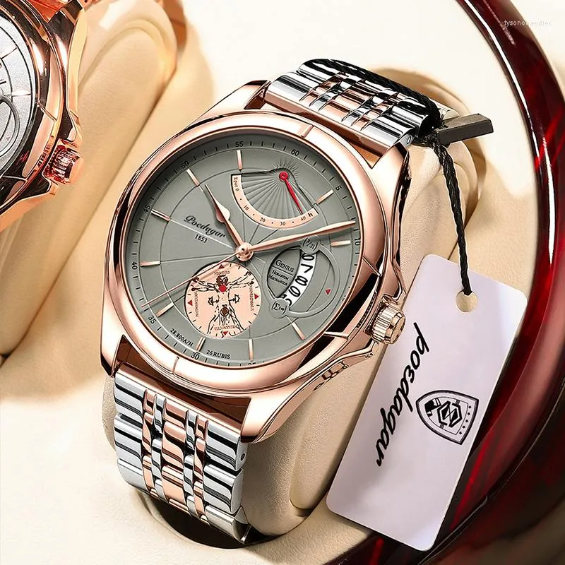 Wristwatches POEDAGAR Ultra Thin Men Watches Top Brand Waterproof Luxury Stainless Steel Quartz Watch For Man Calendar Rose Gold Gifts