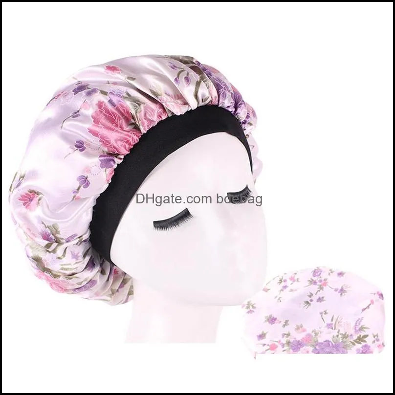 Shower Caps Circar Head Wrap Bath Hat Flower Stretchable Hair Bonnets Wide Edge Fitted Sleep Hats Silk Satin Bathroom Accessories Gi Dhr6F