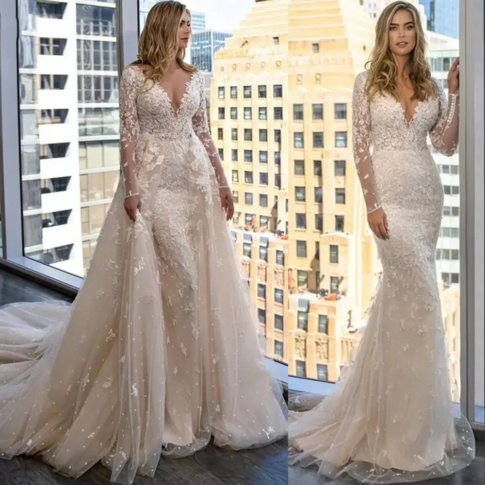 2023年は、Mhamad Shampagne Mermaid Wedding Dresses花嫁ガウンDeeep v Neck Lengeves Lace Aptliques Bridal Gowns Plus Size Overskirts Detachable Train B1128