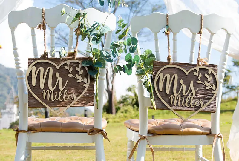 Decorazione per feste Mr e Mrs Sposa Sposo Sedia Segno per matrimonio Corona rustica Decorazioni per la tavola Po Puntelli Regalo personalizzato 221128