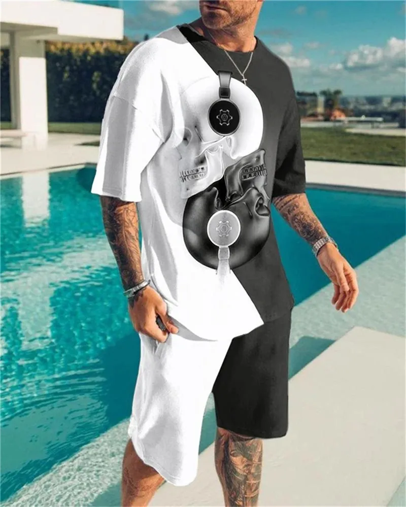 Studi per maschi da uomo Big Size Uomini Set Summer Tracksuit Casual Skull Black White Matching Shorts 2Pcs Suit Graffiti 3D Stampa Outfit Sports 221128