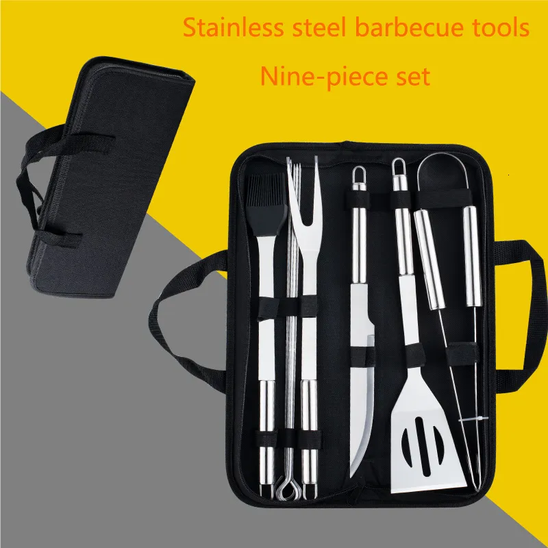 BBQ Tools Tillbehör 5/9 st verktyg Set rostfritt stål grillgrill utomhus camping matlagning grillpaket med väska 221128