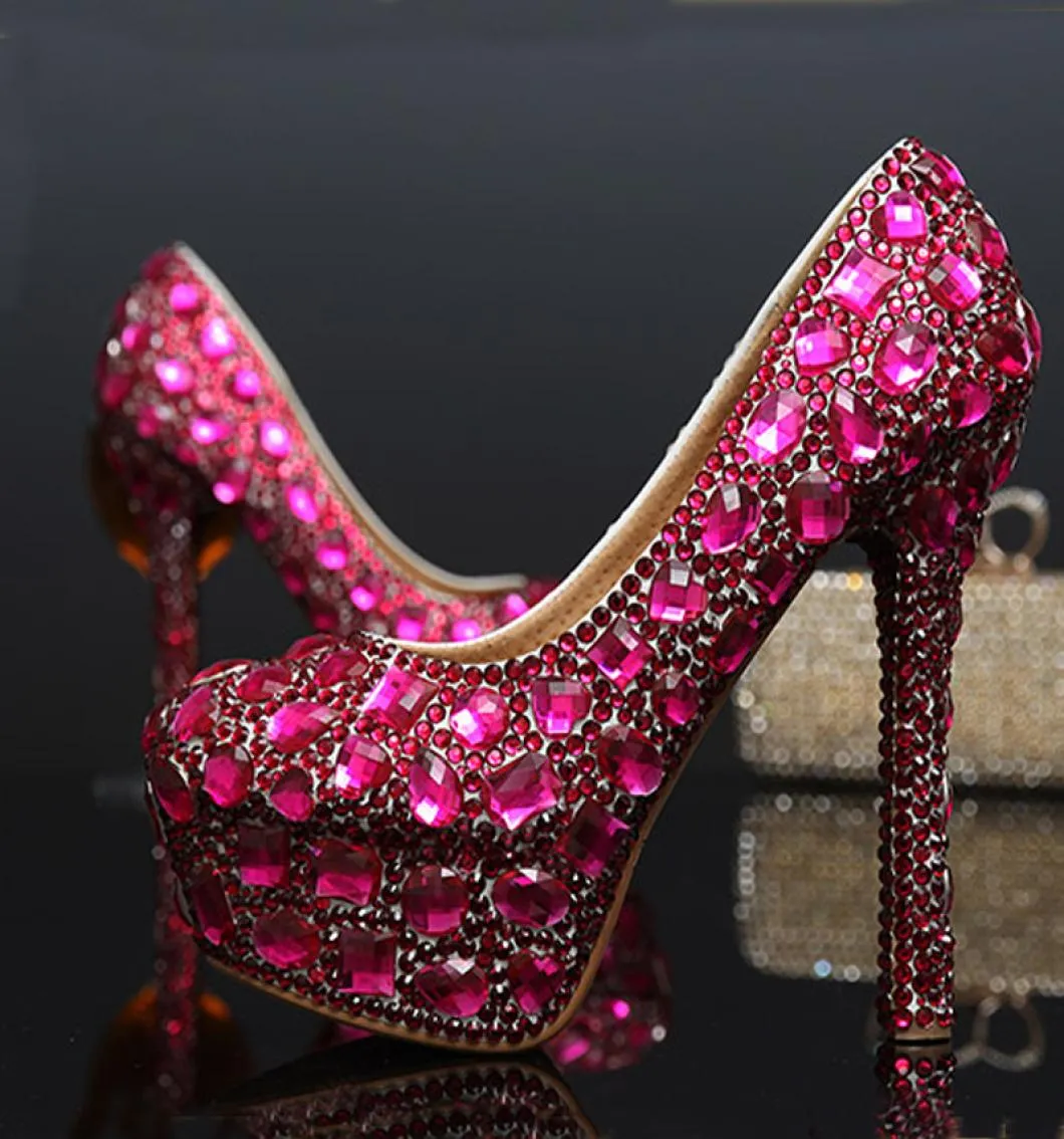 Round Toe Rhinestone Platform Highheeled Fuchsia en Green Wedding Shoes Crystal Lady Shoes Luxury Evening Party Shoes7027909