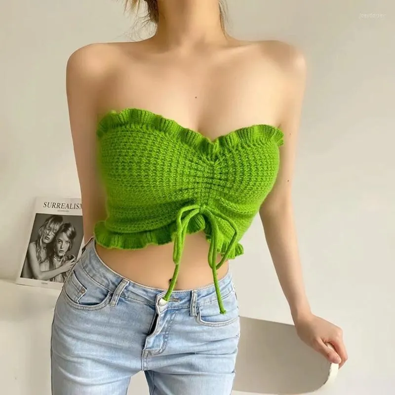 Débardeurs pour femmes été femmes pull sans bretelles recadrée élastique Bandeau bustiers soutien-gorge Sexy sans manches haut court tricoté Lingerie poitrine Wrap