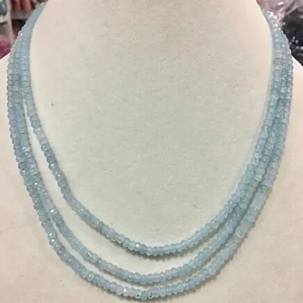 3 rad 2x4 mm Ny äkta Top Facial Aquamarine Bead-halsband 17-19 "