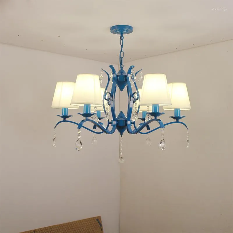 Lampadari Lampadario in ferro battuto blu stile mediterraneo per camera da letto Sala da pranzo Studio vintage americano Illuminazione Candela a led vivente