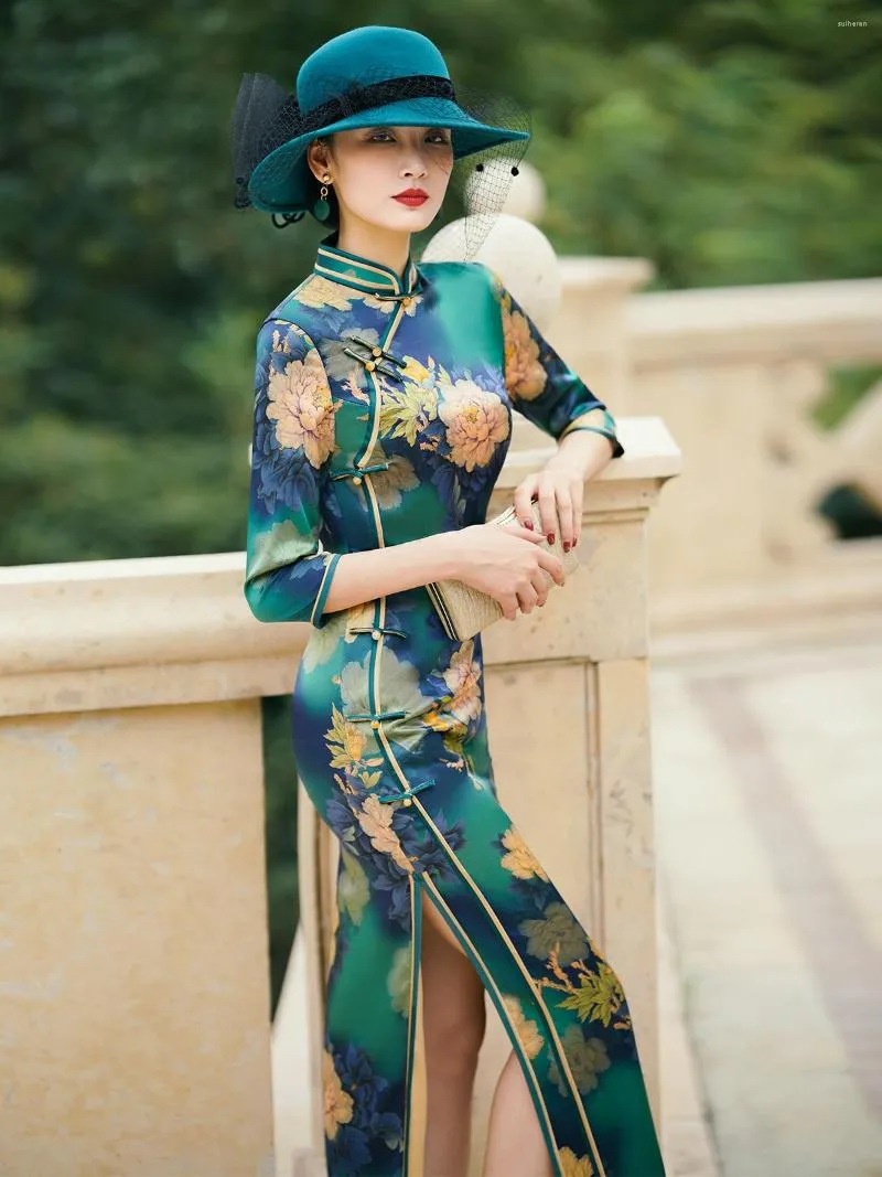 Vêtement ethnique Robe chinoise Qipao Vert Soie Hanfu Cheongsam Robes de soirée Style Rétro Tang Cosplay Femme Oriental