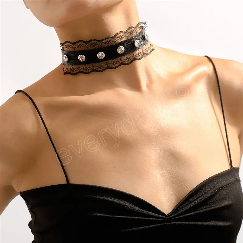 Collana girocollo corta in pizzo nero da donna con strass vintage regolabile catena clavicola gioielli festival estetico