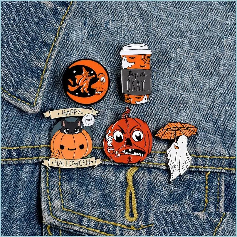 Pins Brooches Happy Halloween Brooches Enamel Pin Custom Coffee Moon Ghost Pumpkin Umbrella Brooch Backpack Clothes Lapel F Dhgarden Dhnc2