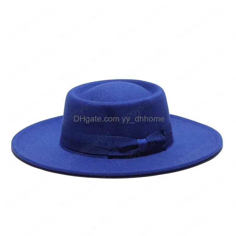 Cappelli a tesa larga Cappelli a secchiello Cappelli invernali Fedora per uomo Donna Moda Tinta unita Cappello a tesa larga in feltro di lana Cappello jazz unisex Flat Top Bow C Dhvbf