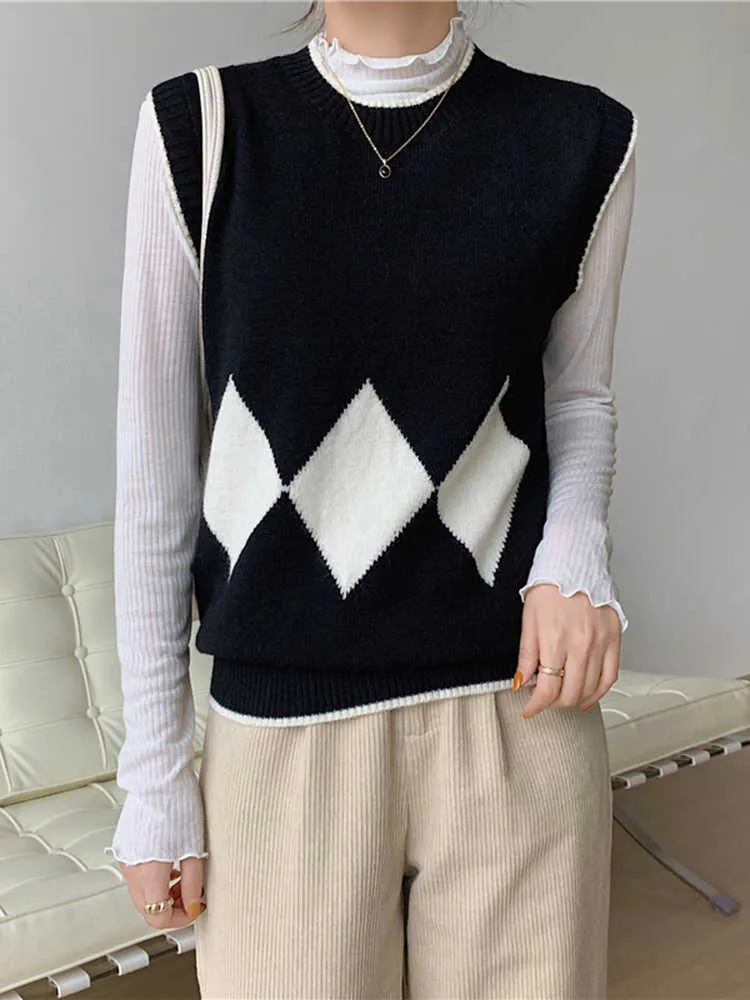 Kvinnors tröjor JMPRS Argyle Plaid Women Sweater Vest Casual O Neck Loose Korean Simple Sticked Jumper Mode Designade toppar Ny J220915