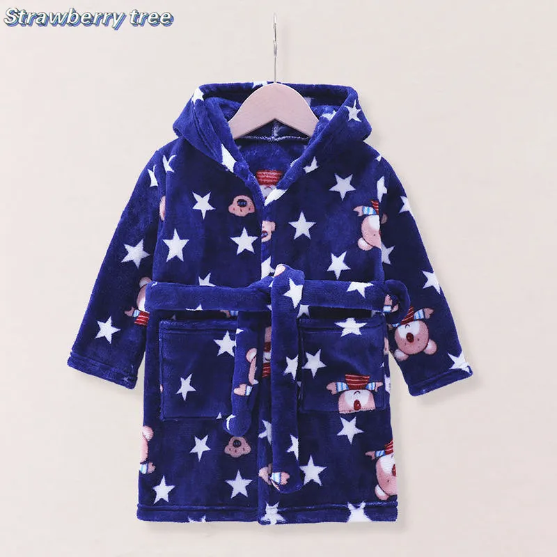 Towels Robes Cute Baby Girls Boys Cartoon Kids Sleepwear Warm Winter Hooded Fleece Childrens Pajamas Dressing Gown Belt Child Bathrobe 221125