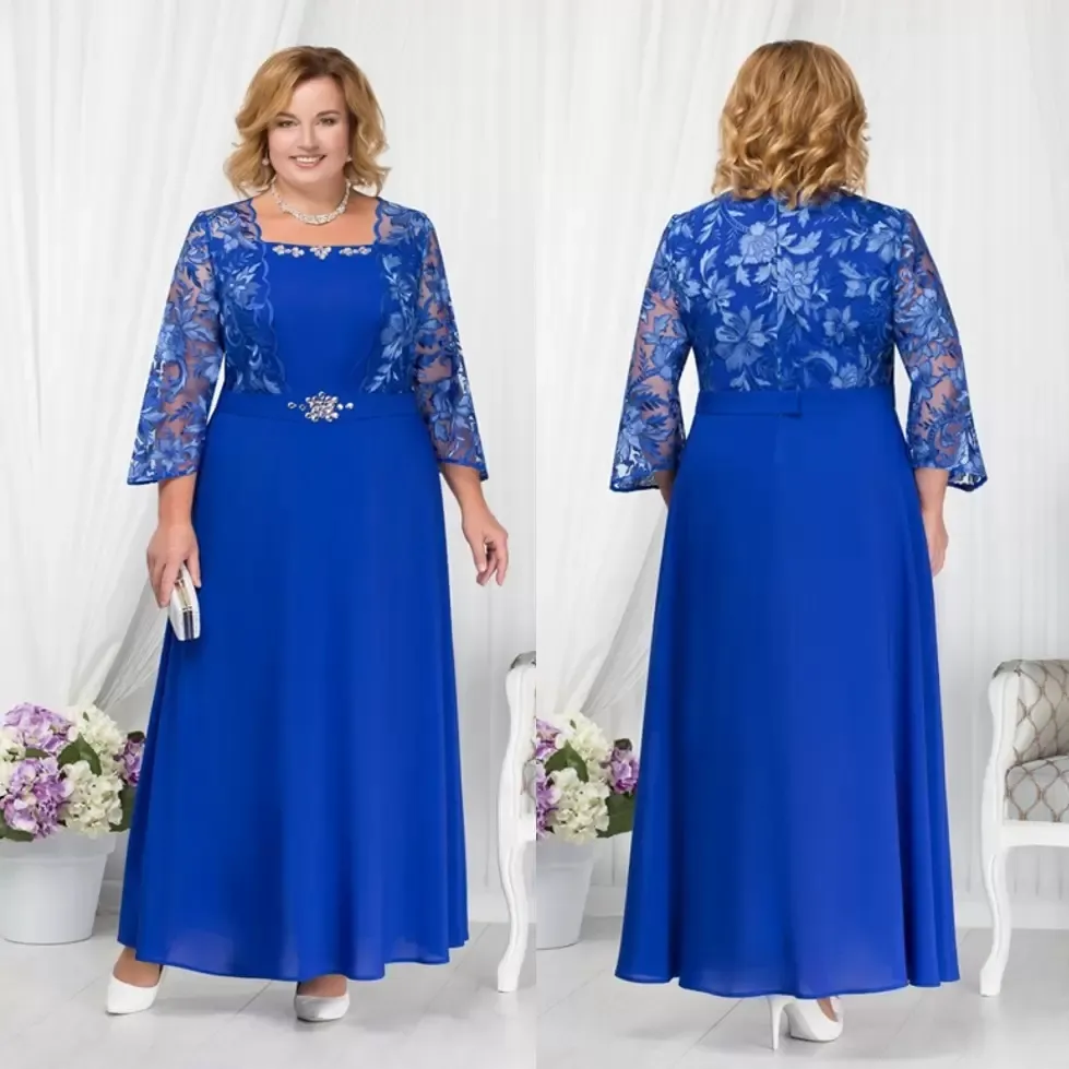 Blauwe plus size kralen kant moeder van de bruid jurken vierkante nek lange mouwen bruiloft gasten jurk een lijn chiffon avondjurken 2023 gb1128