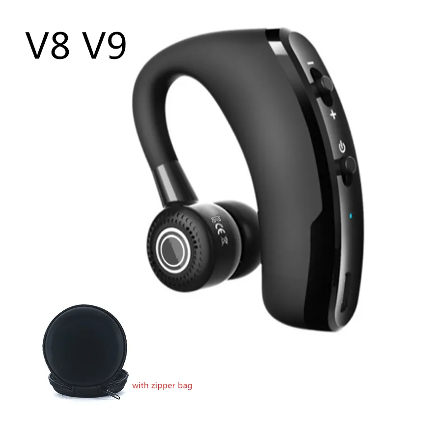 V9 V8 Ear Hook Ear fones fones de ouvido Bluetooth Ruído sem fio Reduce fone de ouvido sem fio CHAMADOS DE ESPUROS SportBuds com bolsa com zíper para todo o telefone iPhone LG