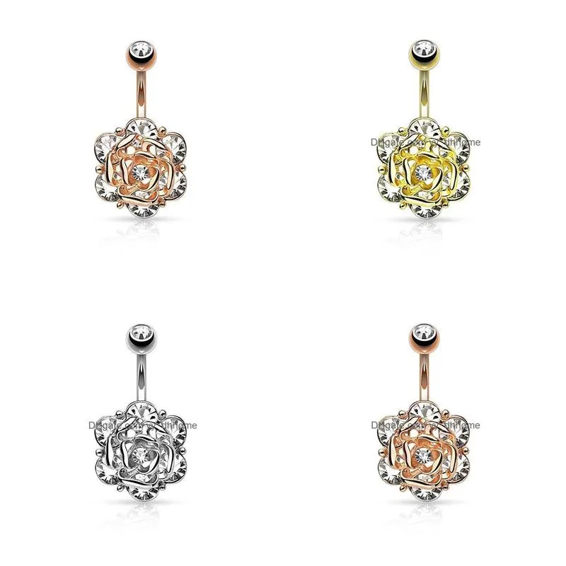 Nombril Bell Bouton Anneaux Rose Fleur Nombril Anneaux Nombril Cristal 316L En Acier Inoxydable Piercing Bijoux De Corps Drop Livraison Dhe4D