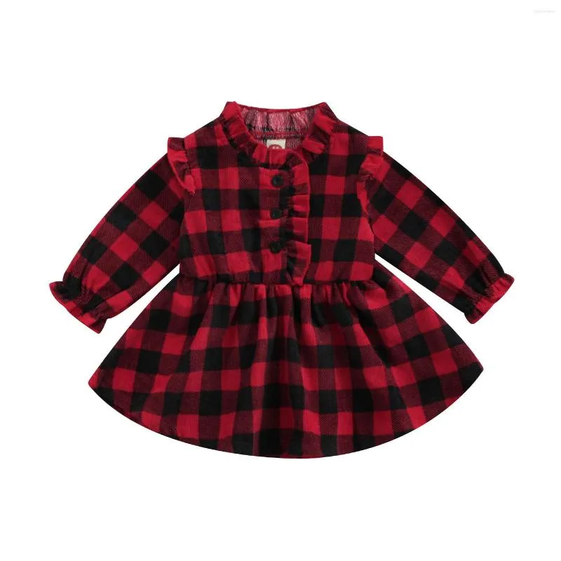 Girl Dresses Infant Baby Girls Ruffles A-line Dress Christmas 2022 Casual Long Sleeve Corduroy Plaid Printed Knee Length