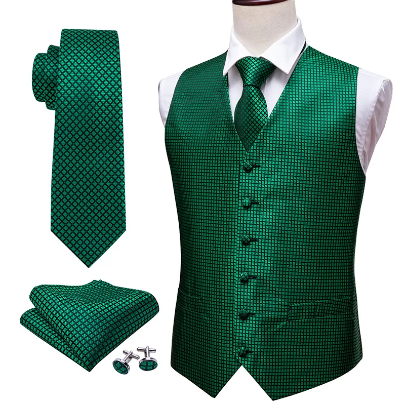 Hommes Gilets Vert Costume Gilet Hommes Paisley Gilet Plaid Soie Cravate Mouchoir Boutons De Manchette pour Mariage D'été Smoking MJ-2004 Barry.Wang 221124