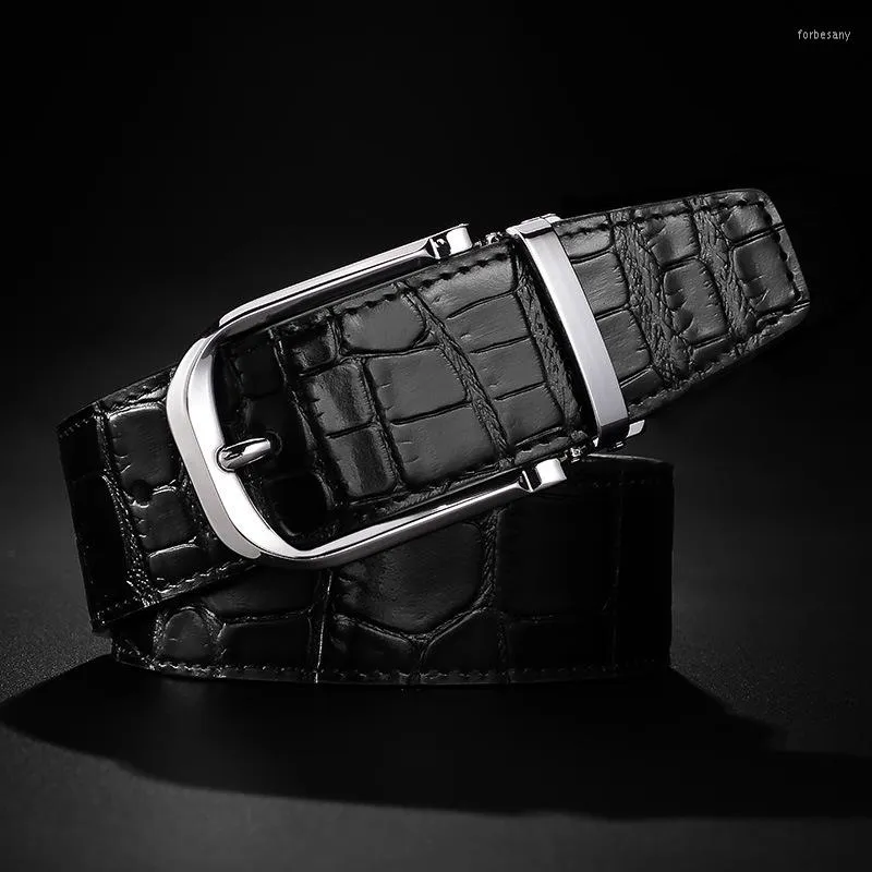 Bälten RSFOCUS Fashion Crocodile Mönster Pin Buckle Belt för män Luxury Mens Cowskin äkta läderformell klänning Rem Male R501