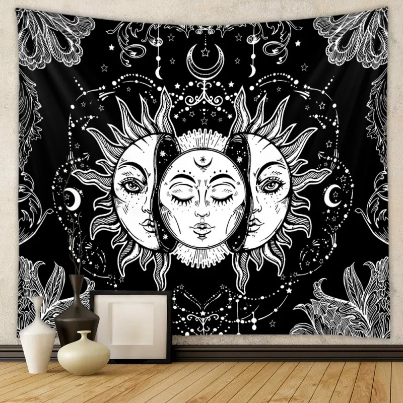 130x150cm Mandala Tapestry White Black Printed Home Background Wall Decorative Cloth Tapestry Hanging Beach Towel Sitting Blanket