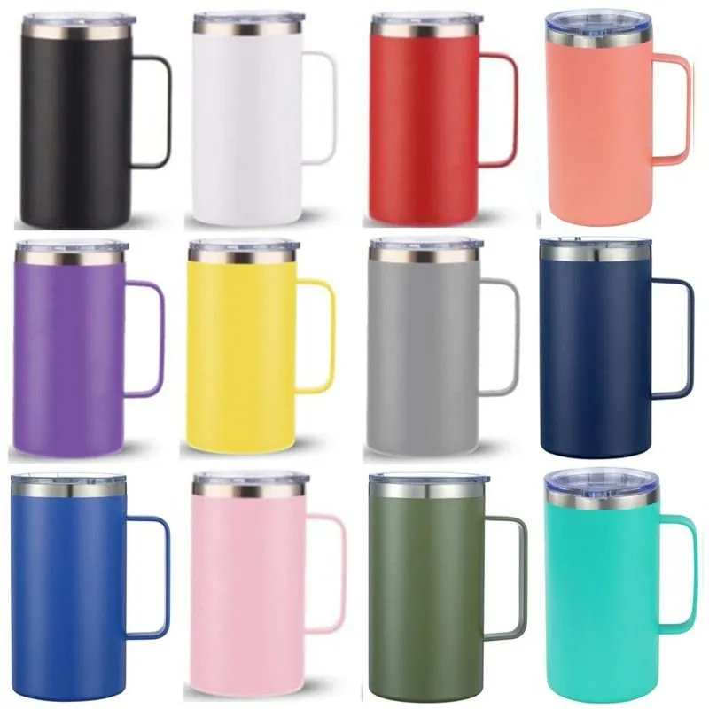 24oz Coffee Mug Stainless Steel Ice Beer Cups Double Wall Vacuum Insulated Powder Coated Camping Travel Tumbler Cup With Handle & Closed Spill Proof Lids