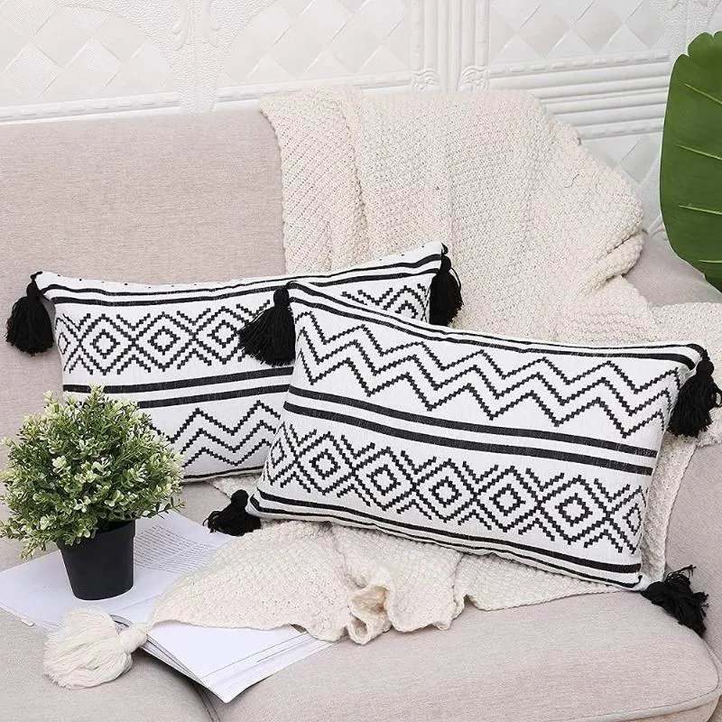 Oreiller Nodic Maroc Boho Couverture Géométrique Noir Blanc Avec Gland Pour Canapé Salon Décor Chenille Taie D'oreiller