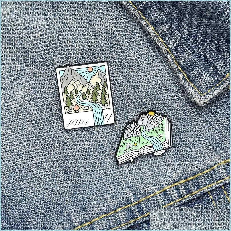 Pins Brooches Cartoon Outdoor Po Brooches Mountain Peak River Campfire палатка эмалевые контакты творческие металлические аксессуары мода Dhgarden DHC06