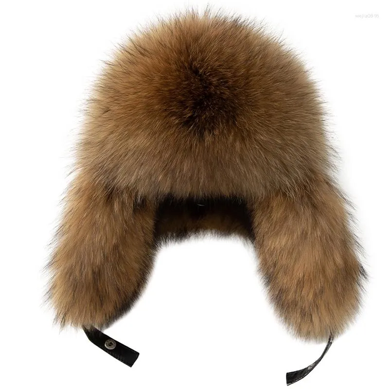 Berretti Bomber invernale da uomo Cappello da esterno caldo in pelle intera Pelliccia di procione Cappellini in pelle di pecora Moda coreana Protezione per le orecchie Berretto Ushanka