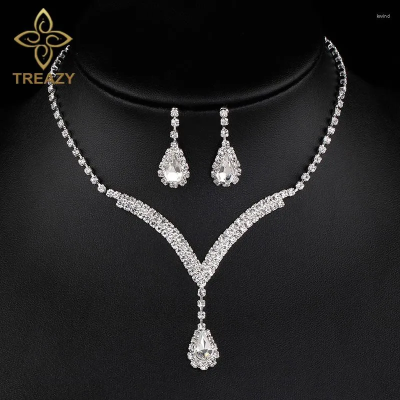 Necklace Earrings Set TREAZY 4 Colors Crystal Bridal V Shaped Teardrop Choker Wedding Party For Women