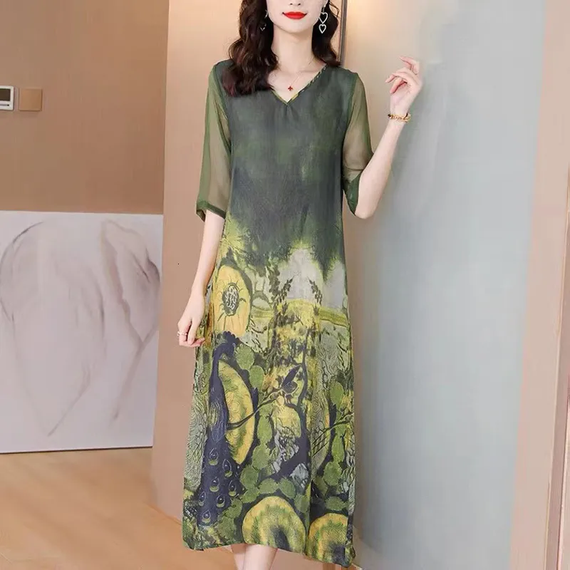 Casual Dresses Printed Dress Female Summer Satin Retro Stitching Half Sleeve Loose Midlength Dress Fashion Elegant Aline Dress 221126