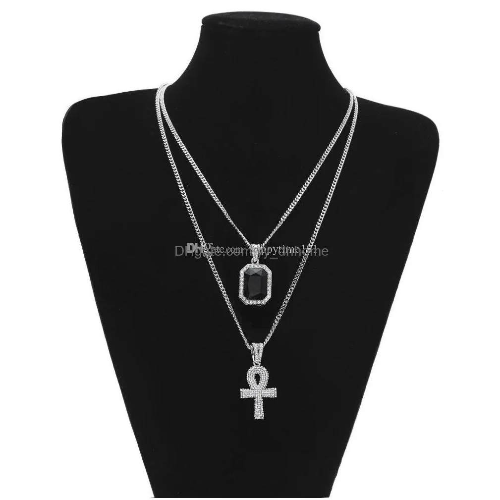 Pendentif Colliers Hip Hop Bijoux Égyptien Grand Ankh Clé Pendentif Colliers Ensembles Mini Carré Rubis Saphir Avec Croix Charme Cubain Li Dh4Of