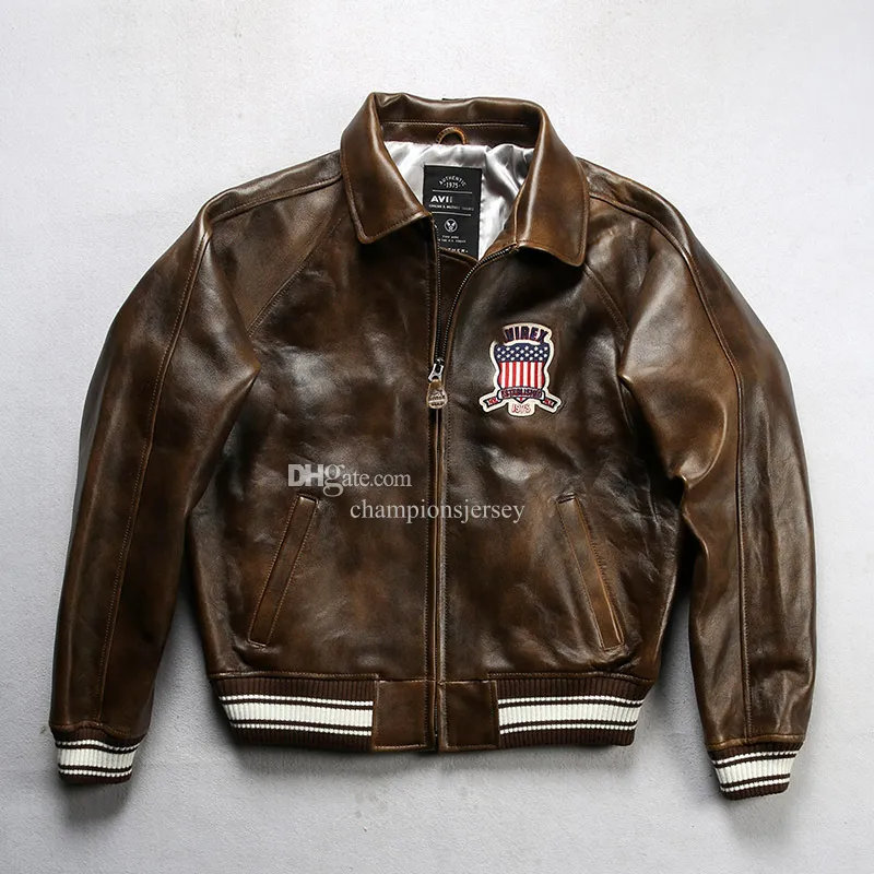Brown coffee USA size Men's bomber Jackets AVIREX Lapel Sheepskin Leather casual Athletic coat