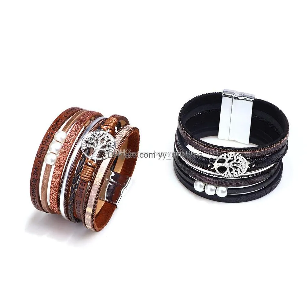 Charm Armbands Tree of Life Mtilayer Leather Wrap Armband Boho Pearl Gorgeous Cuff with Magnetic Buckle Casual Bangle for Women Gi Dhobe