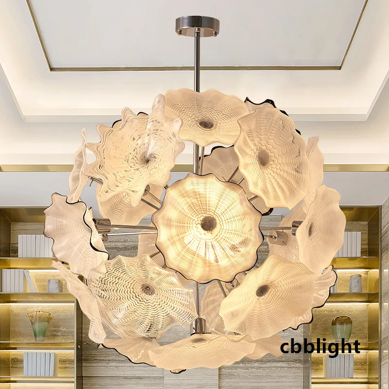 Modern Pendant Lamps White Color Dia44 Inches Glass Plate Murano Chandeliers Hand Blown Glass Chandelier LED Lighting Luxury Hanging Fixtures Decor LR1435