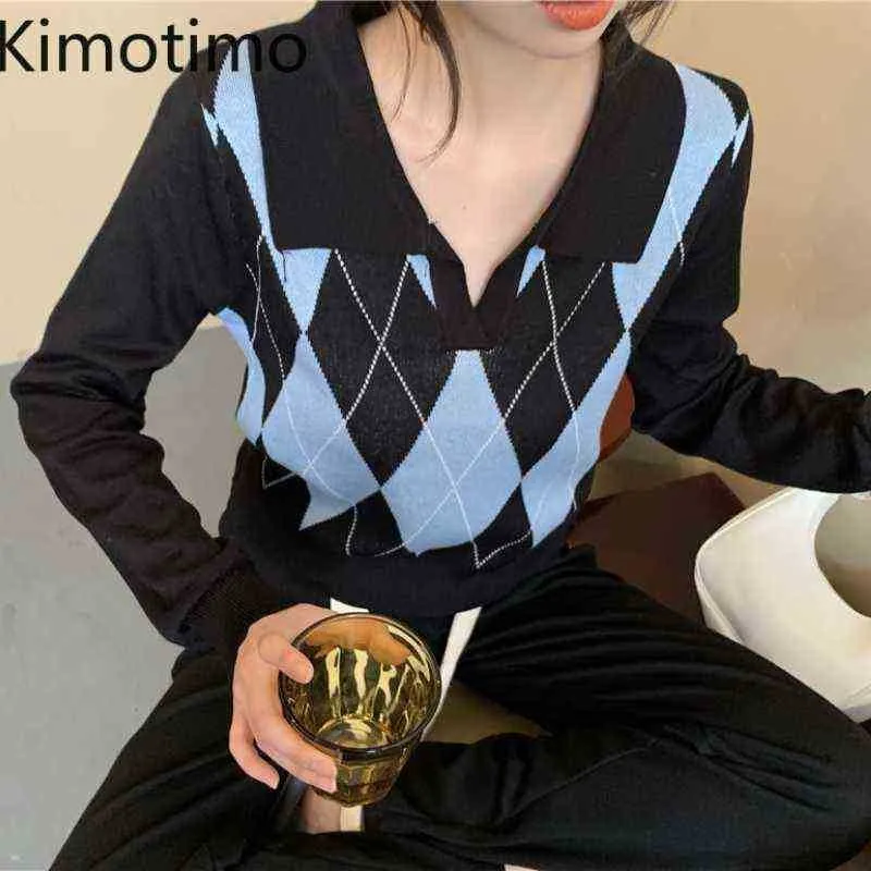 女性のセーターKimotimo Argyle Seater Women Turndown Collar LEGH SLEECOL COLOR ADACTANMENT SEATER KOREAN autumt AllMatch Halloween Seaters J220915