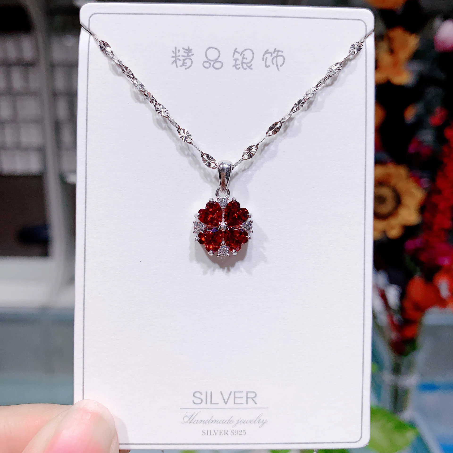 Pendant Necklaces Red Lucky Clover Necklace Japanese and Korean S925 pure silver love inlaid diamond fashion simple clavicle chain pendant female