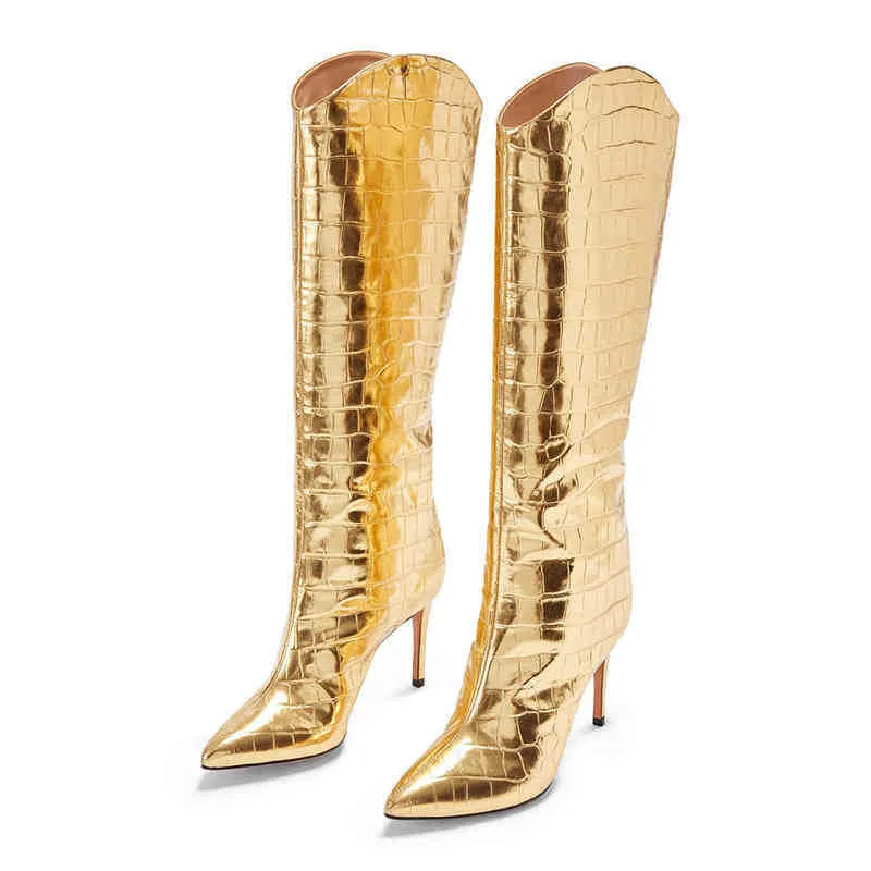 Stövlar mode kvinnor skor pekade tå stilettos klackar sexiga eleganta damer slip-on guld knä höga stövlar 220906