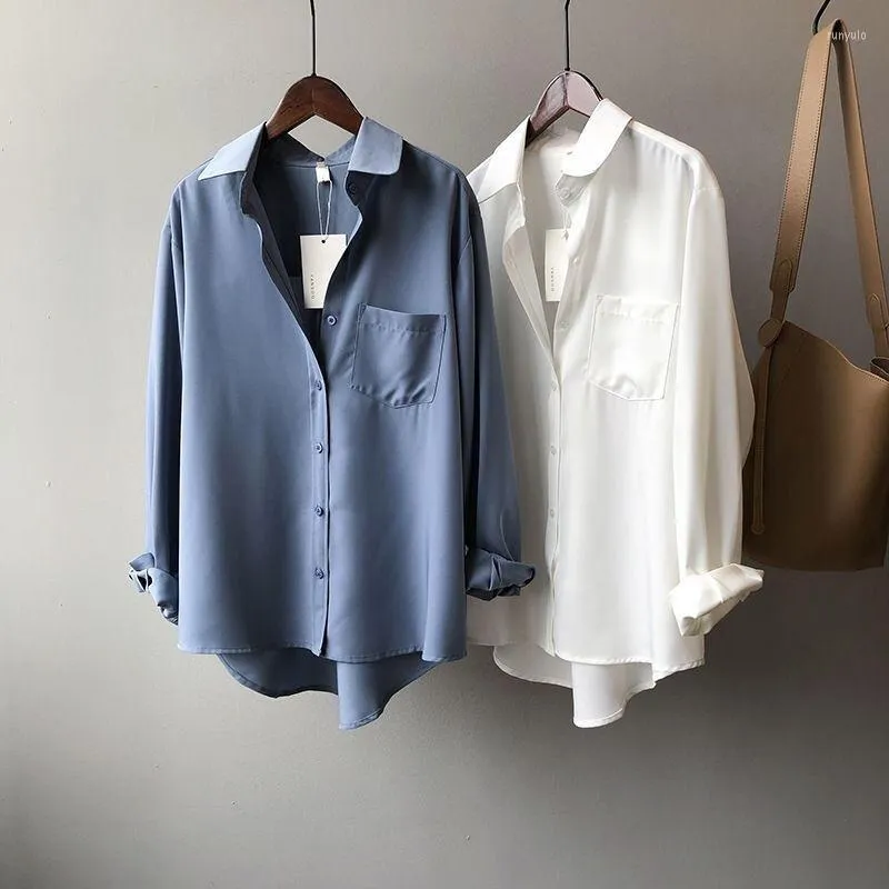 Women's Blouses Gray Blue Chiffon Women Shirts 2022 Summer Drop Button-up Slim Office Lady Elegant Female Blousas Outwear Tops