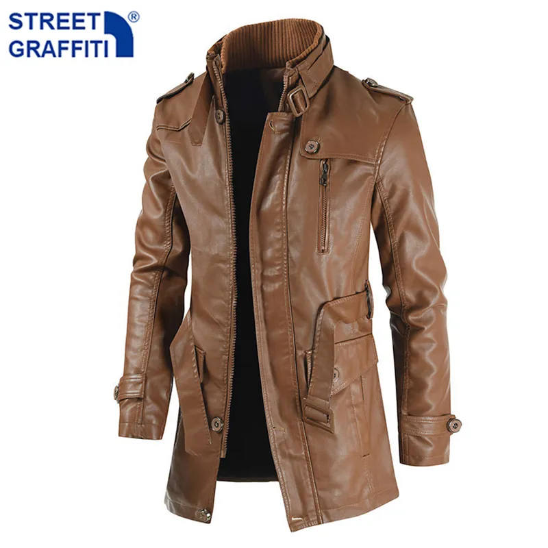 Men's Leather Faux Winter Long Thick Fleece PU Jacket s Streetwear Casual Business Clothing Porcket Jackets Coat Outwear 221124