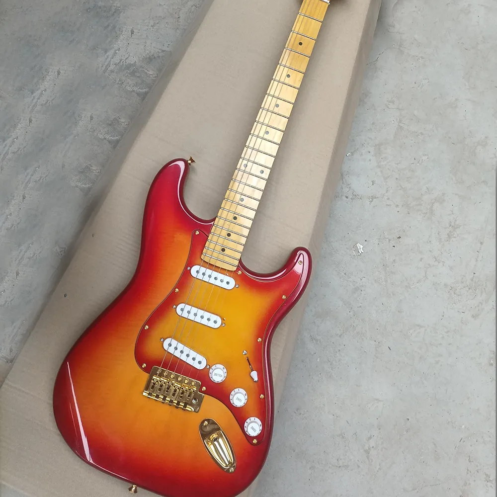 6-saitige Cherry Sunburst E-Gitarre mit Flame Maple Furnier SSS Pickups, Yellow Maple Griffbrett, anpassbar